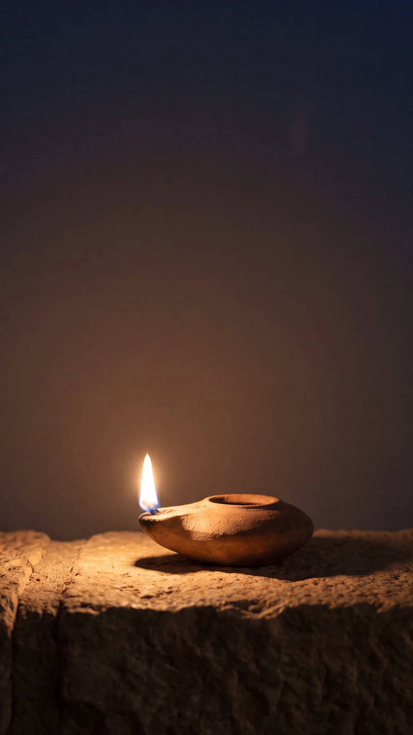 A clay oil lamp burning on a stone ledge in the dark.